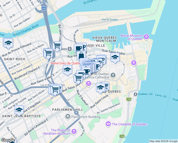 map of restaurants, bars, coffee shops, grocery stores, and more near 29 Côte du Palais in Québec
