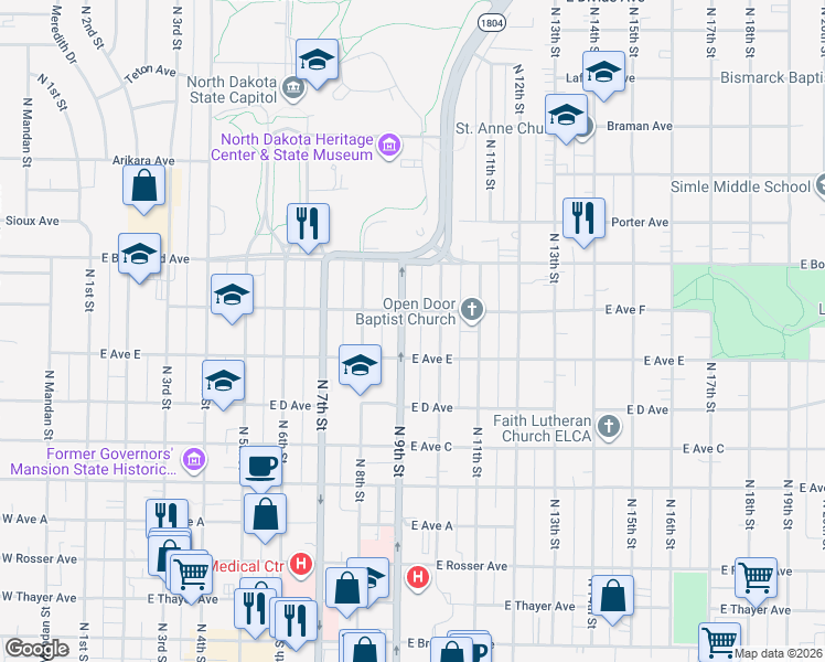 map of restaurants, bars, coffee shops, grocery stores, and more near in Bismarck