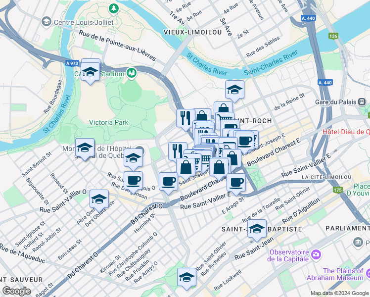 map of restaurants, bars, coffee shops, grocery stores, and more near 237 Rue des Commissaires Est in Québec