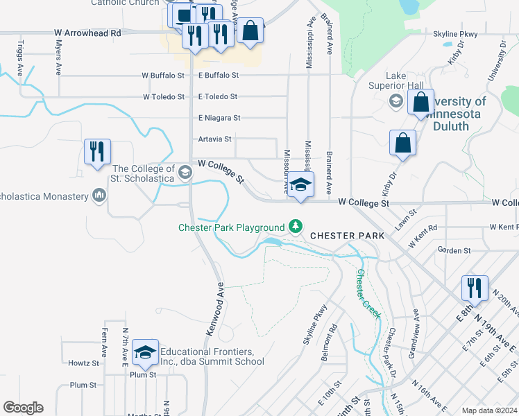 map of restaurants, bars, coffee shops, grocery stores, and more near 802 West College Street in Duluth