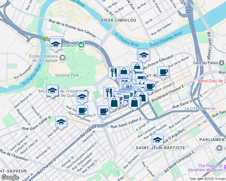 map of restaurants, bars, coffee shops, grocery stores, and more near 237 Rue des Commissaires Est in Québec