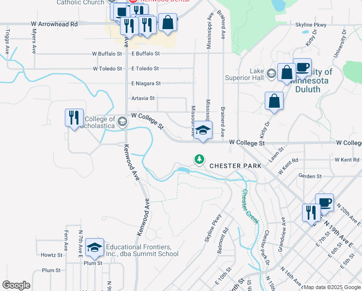 map of restaurants, bars, coffee shops, grocery stores, and more near 802 West College Street in Duluth
