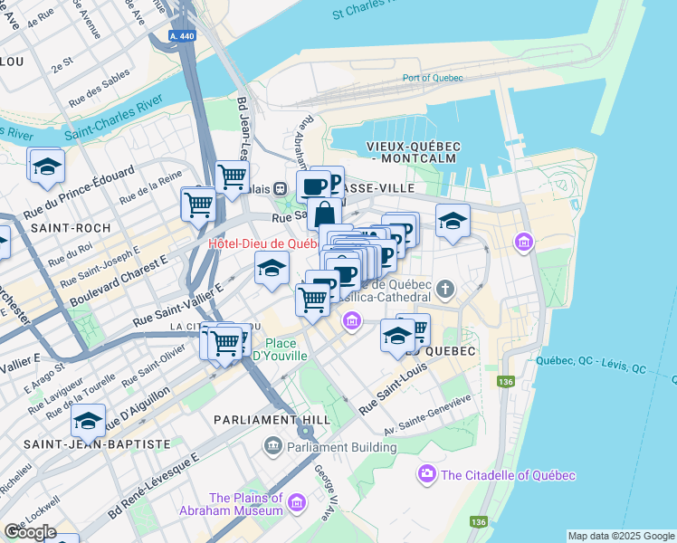 map of restaurants, bars, coffee shops, grocery stores, and more near 24 Côte du Palais in Ville de Québec