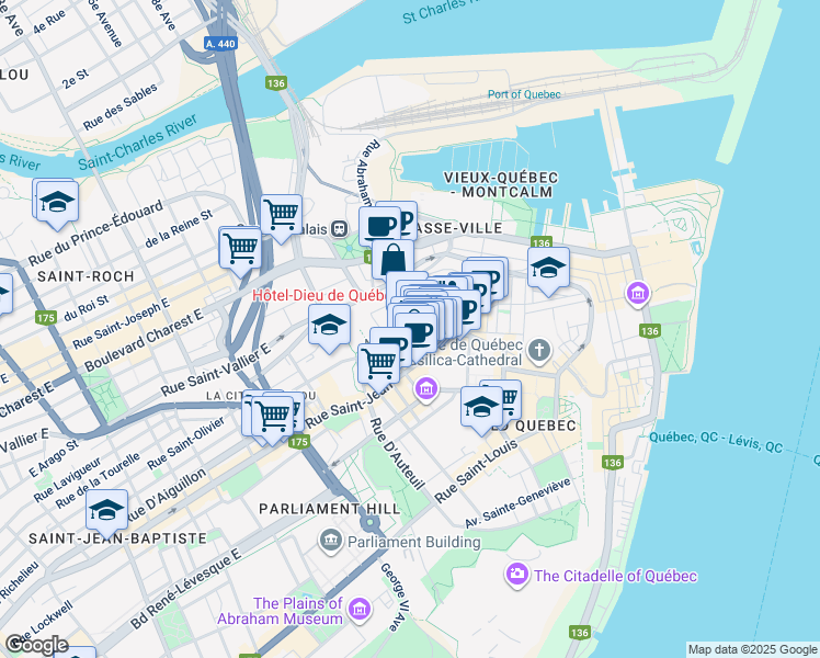 map of restaurants, bars, coffee shops, grocery stores, and more near 29 Côte du Palais in Québec