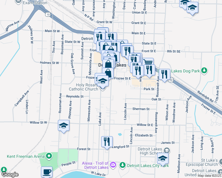 map of restaurants, bars, coffee shops, grocery stores, and more near 1027 Washington Avenue in Detroit Lakes