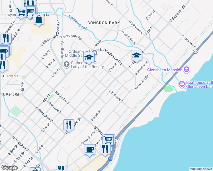 map of restaurants, bars, coffee shops, grocery stores, and more near 2901 East Superior Street in Duluth