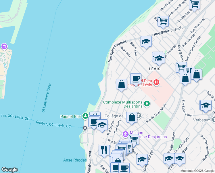map of restaurants, bars, coffee shops, grocery stores, and more near 6260 Rue Saint-Laurent in Levis