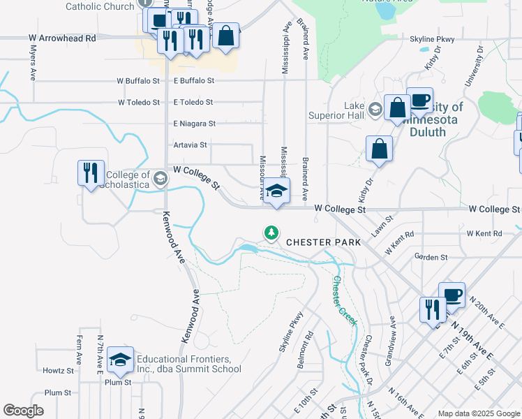 map of restaurants, bars, coffee shops, grocery stores, and more near 714 West College Street in Duluth