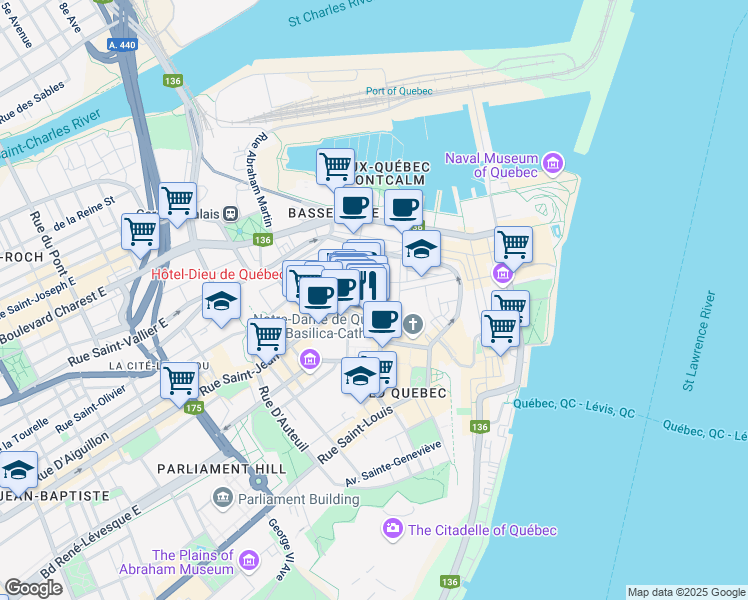 map of restaurants, bars, coffee shops, grocery stores, and more near 28 Rue Saint Flavien in Québec City