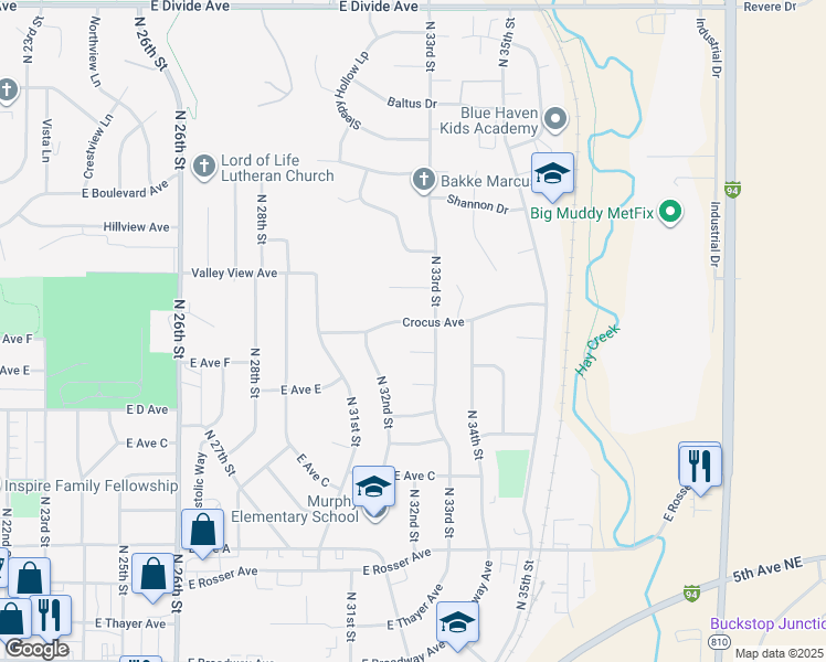 map of restaurants, bars, coffee shops, grocery stores, and more near 3237 Crocus Avenue in Bismarck