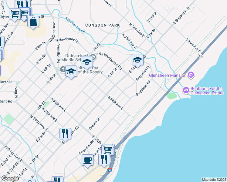 map of restaurants, bars, coffee shops, grocery stores, and more near 2922 East Superior Street in Duluth