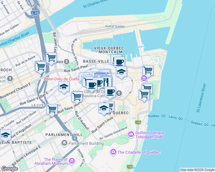 map of restaurants, bars, coffee shops, grocery stores, and more near 2 Rue Saint-Flavien in Québec