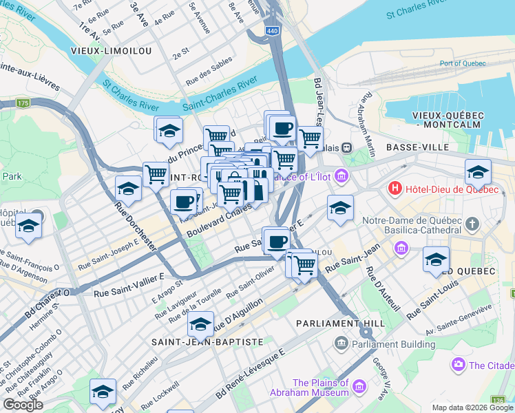 map of restaurants, bars, coffee shops, grocery stores, and more near 735 Boulevard Charest Est in Québec