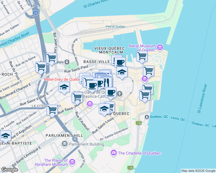 map of restaurants, bars, coffee shops, grocery stores, and more near 28 Rue Saint-Flavien in Québec