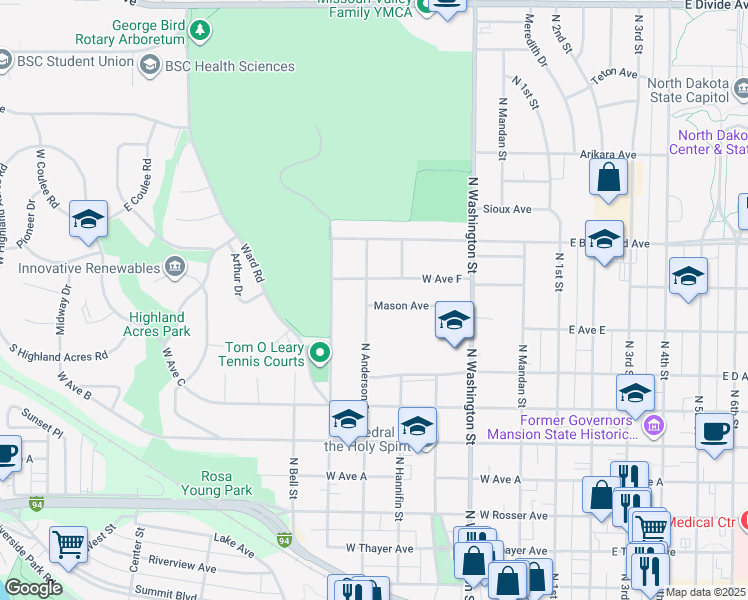 map of restaurants, bars, coffee shops, grocery stores, and more near 921 North Anderson Street in Bismarck