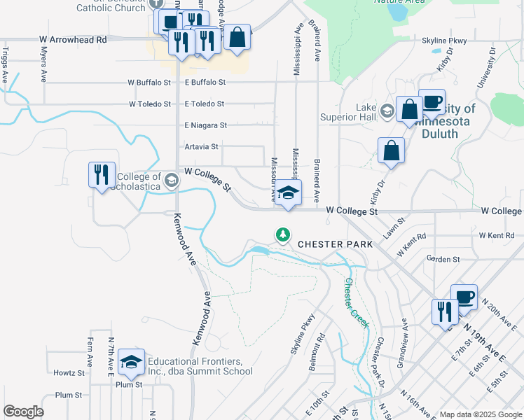 map of restaurants, bars, coffee shops, grocery stores, and more near 800 West College Street in Duluth