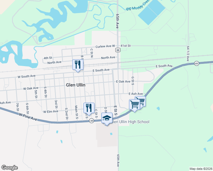 map of restaurants, bars, coffee shops, grocery stores, and more near 498 East Oak Avenue in Glen Ullin