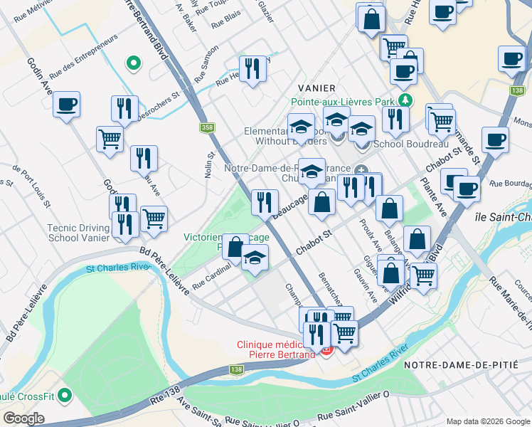 map of restaurants, bars, coffee shops, grocery stores, and more near 230 Boulevard Pierre-Bertrand in Québec City