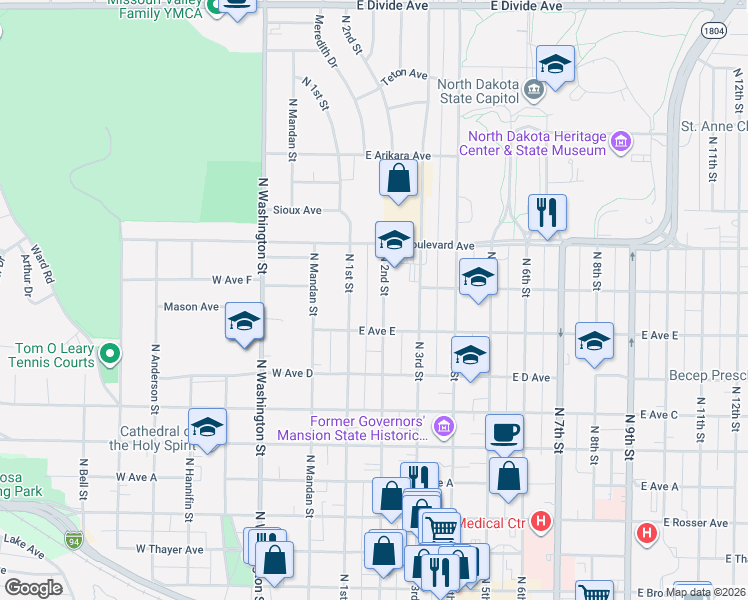 map of restaurants, bars, coffee shops, grocery stores, and more near 922 North 2nd Street in Bismarck