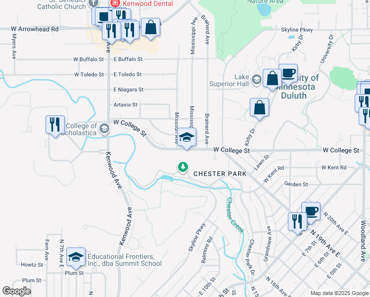 map of restaurants, bars, coffee shops, grocery stores, and more near 714 West College Street in Duluth