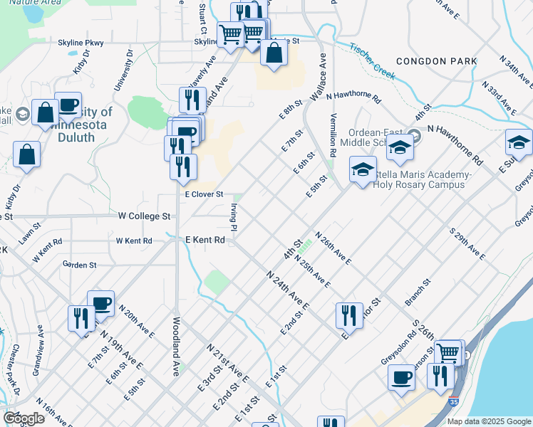 map of restaurants, bars, coffee shops, grocery stores, and more near 2510 East 6th Street in Duluth