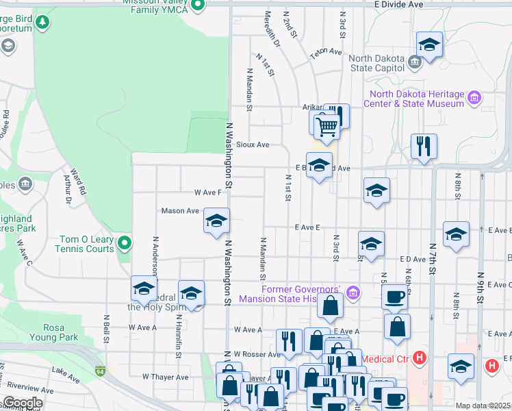 map of restaurants, bars, coffee shops, grocery stores, and more near 920 North Mandan Street in Bismarck