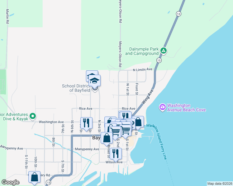 map of restaurants, bars, coffee shops, grocery stores, and more near 309 North 2nd Street in Bayfield