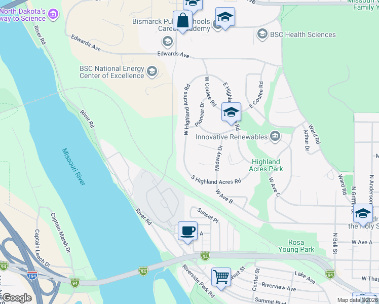 map of restaurants, bars, coffee shops, grocery stores, and more near 1217 Prospect Place in Bismarck