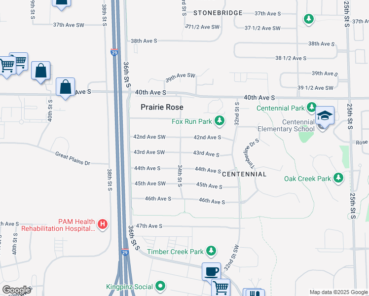 map of restaurants, bars, coffee shops, grocery stores, and more near 3337 43rd Avenue South in Fargo
