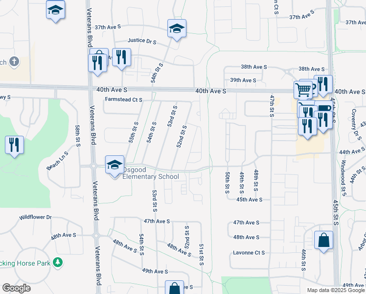 map of restaurants, bars, coffee shops, grocery stores, and more near 4290 52nd St S in Fargo