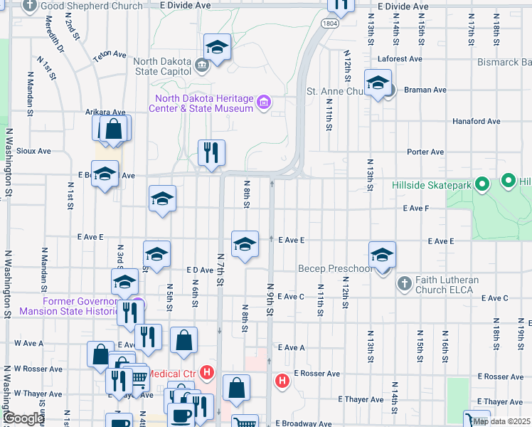 map of restaurants, bars, coffee shops, grocery stores, and more near 928 North 9th Street in Bismarck