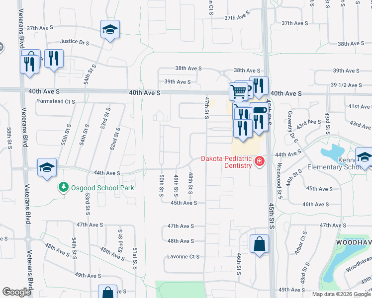 map of restaurants, bars, coffee shops, grocery stores, and more near 4779 Clock Tower Lane in Fargo