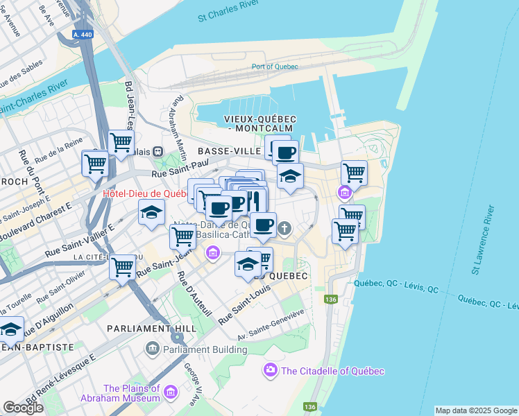 map of restaurants, bars, coffee shops, grocery stores, and more near 25 Rue Saint-Flavien in Québec