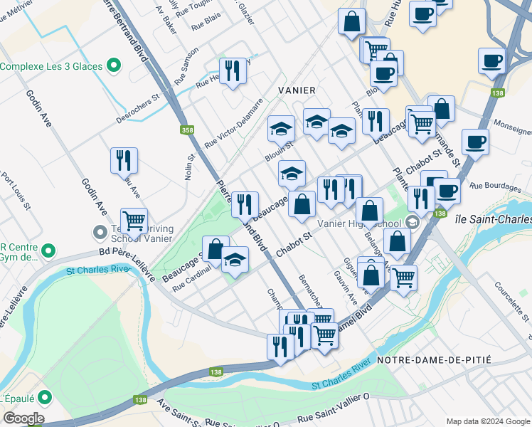 map of restaurants, bars, coffee shops, grocery stores, and more near 287 Rue Beaucage in Québec