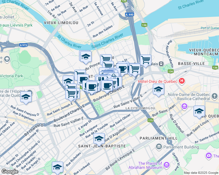 map of restaurants, bars, coffee shops, grocery stores, and more near in Québec City