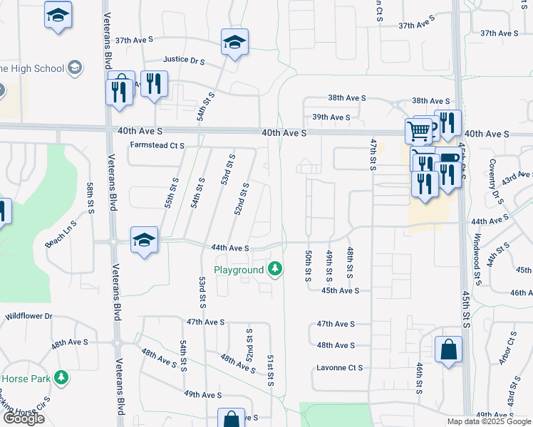 map of restaurants, bars, coffee shops, grocery stores, and more near 4285 Estate Drive South in Fargo