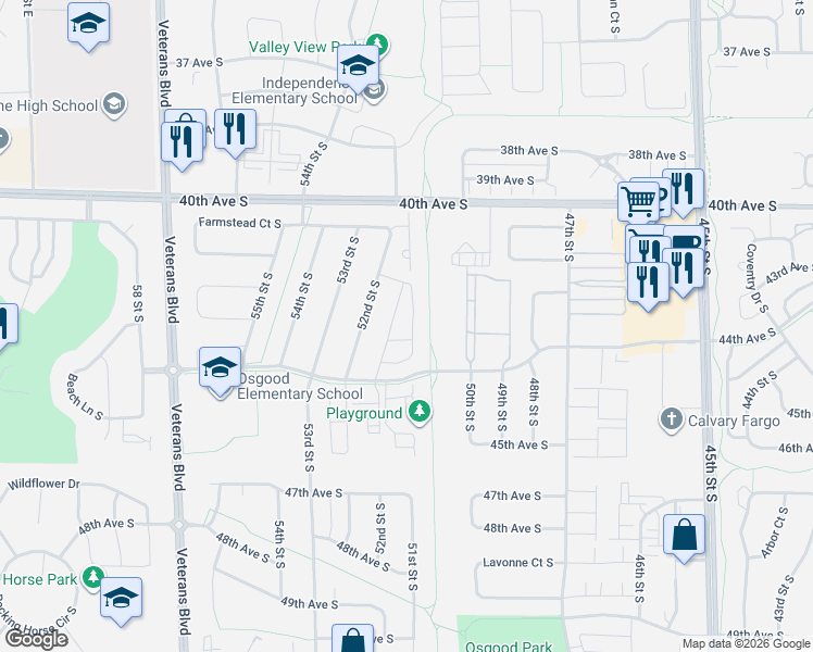 map of restaurants, bars, coffee shops, grocery stores, and more near 4285 Estate Drive South in Fargo