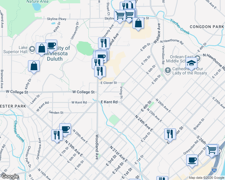 map of restaurants, bars, coffee shops, grocery stores, and more near 21 East College Street in Duluth