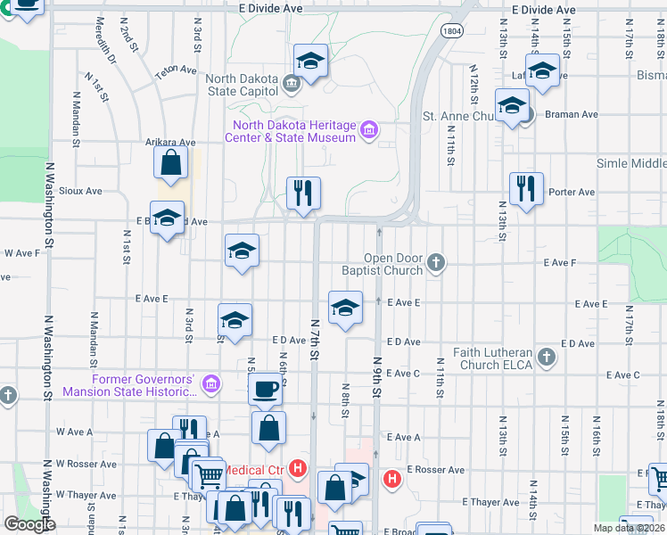 map of restaurants, bars, coffee shops, grocery stores, and more near 713 East Avenue F in Bismarck
