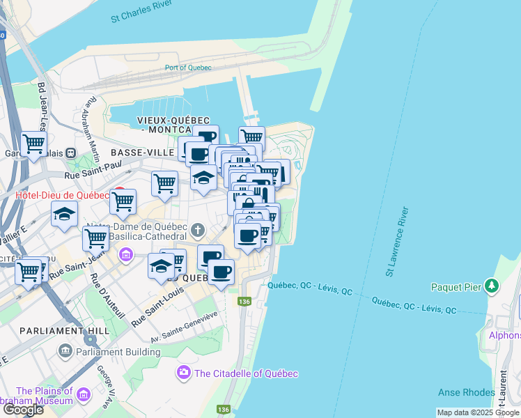 map of restaurants, bars, coffee shops, grocery stores, and more near 85 Rue Dalhousie in Québec