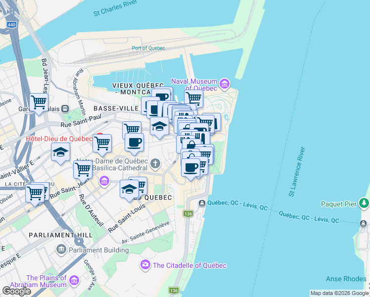 map of restaurants, bars, coffee shops, grocery stores, and more near 51 Rue du Sault-au-Matelot in Québec