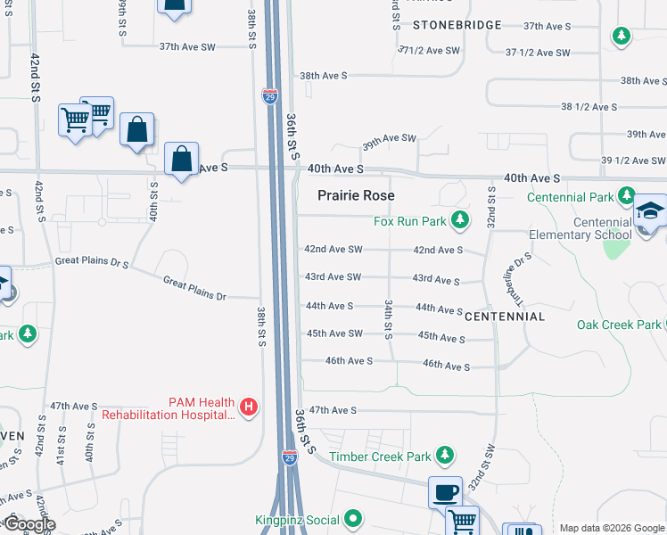 map of restaurants, bars, coffee shops, grocery stores, and more near 3521 43rd Ave S in Fargo