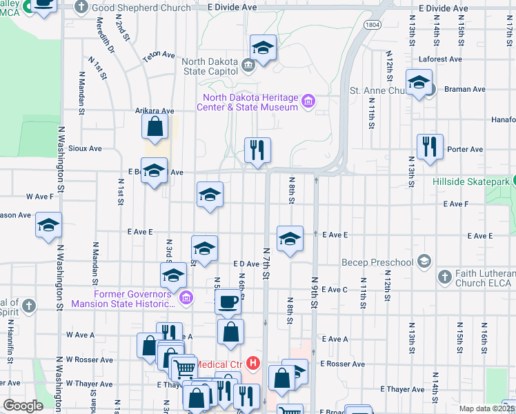 map of restaurants, bars, coffee shops, grocery stores, and more near 615 East Avenue F in Bismarck