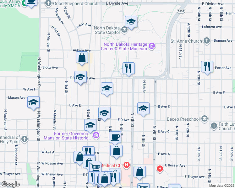 map of restaurants, bars, coffee shops, grocery stores, and more near 513 East Avenue F in Bismarck