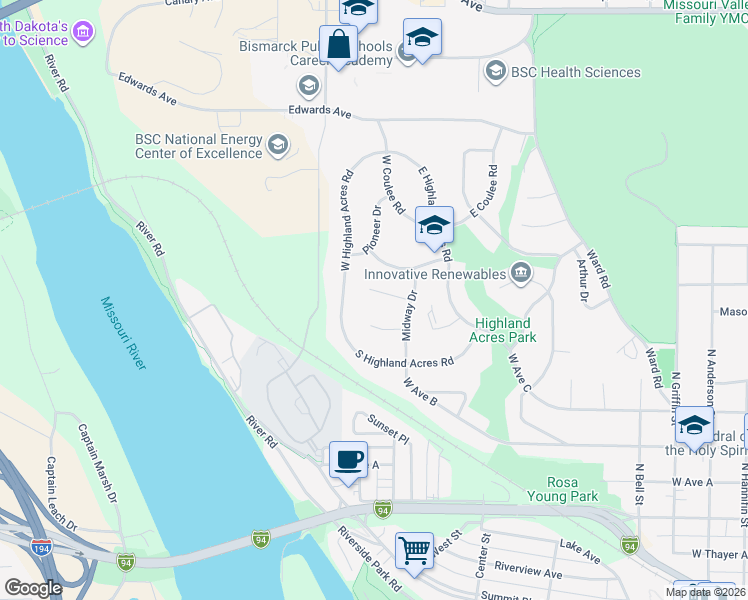map of restaurants, bars, coffee shops, grocery stores, and more near 1217 Prospect Place in Bismarck
