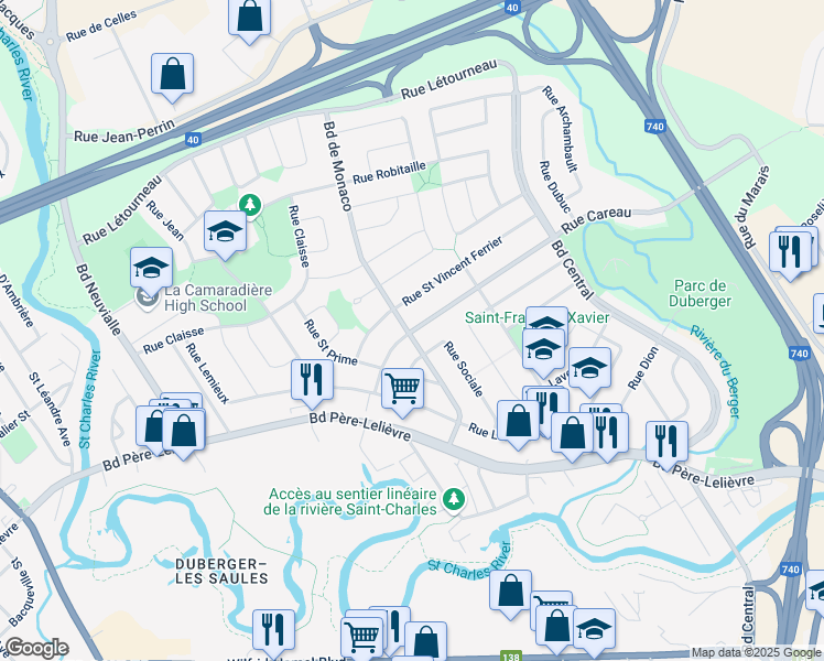 map of restaurants, bars, coffee shops, grocery stores, and more near 2480 Rue Careau in Quebec