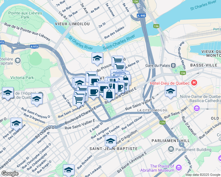 map of restaurants, bars, coffee shops, grocery stores, and more near 535 Rue Saint-François Est in Québec