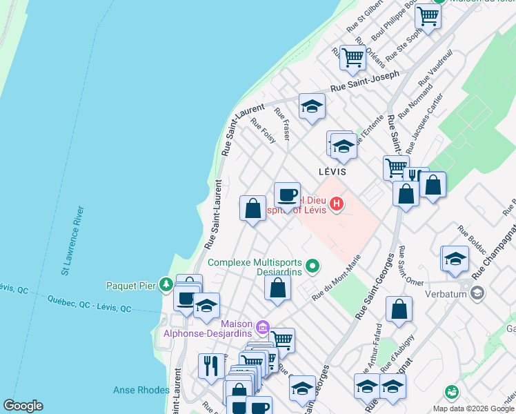 map of restaurants, bars, coffee shops, grocery stores, and more near Rue Fraser in Lévis