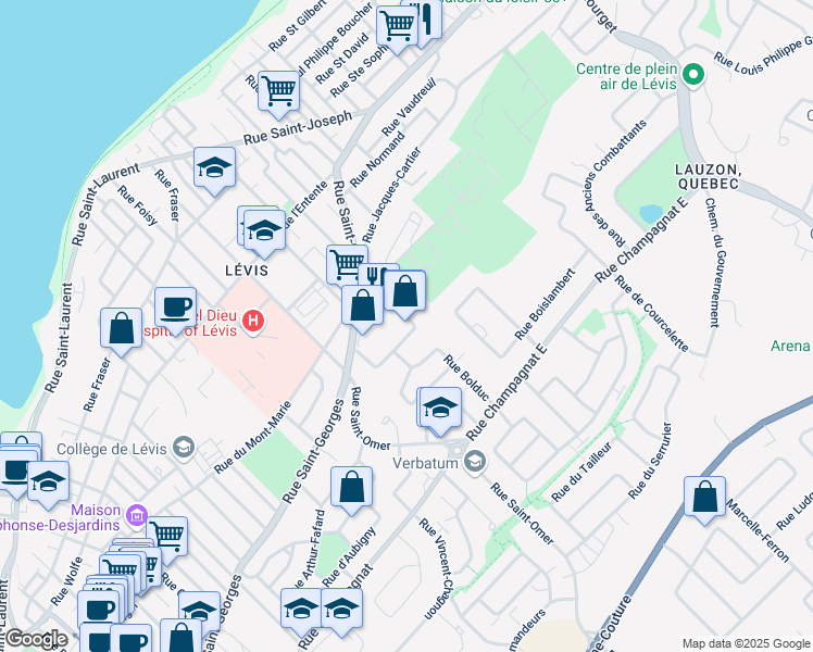 map of restaurants, bars, coffee shops, grocery stores, and more near 29 Rue Thibault in Lévis