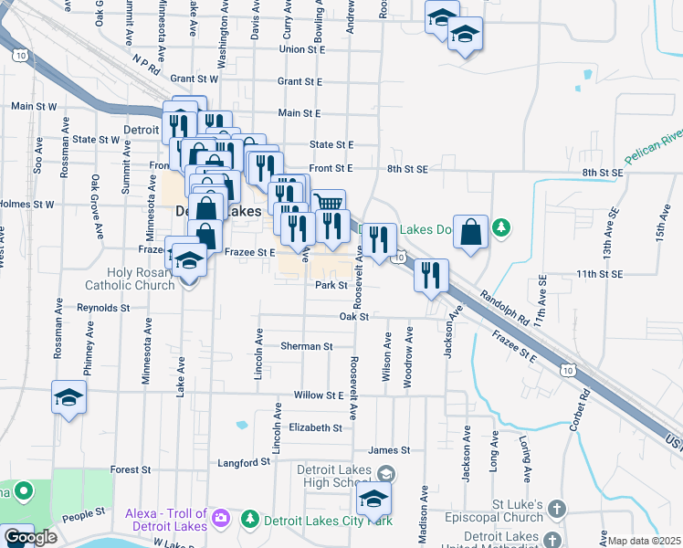 map of restaurants, bars, coffee shops, grocery stores, and more near 329 Frazee Street East in Detroit Lakes